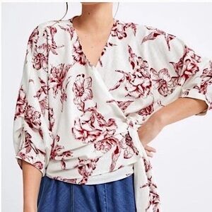 Zara Floral Wrap Blouse Linen Blend Top